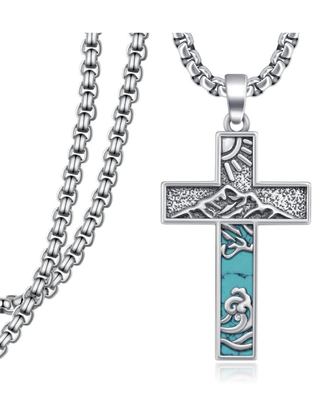 Vintage Turquoise Cross Pendant Necklace - 925 Sterling Silver Western Jewelry